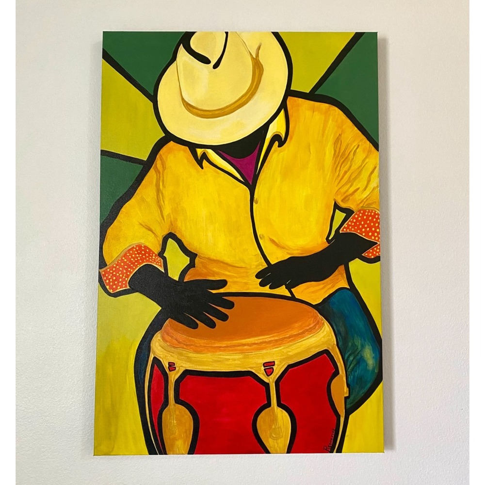 Conga Player Painting Original Art Yellow Red Rumba 24"X36" signed R.Socarras